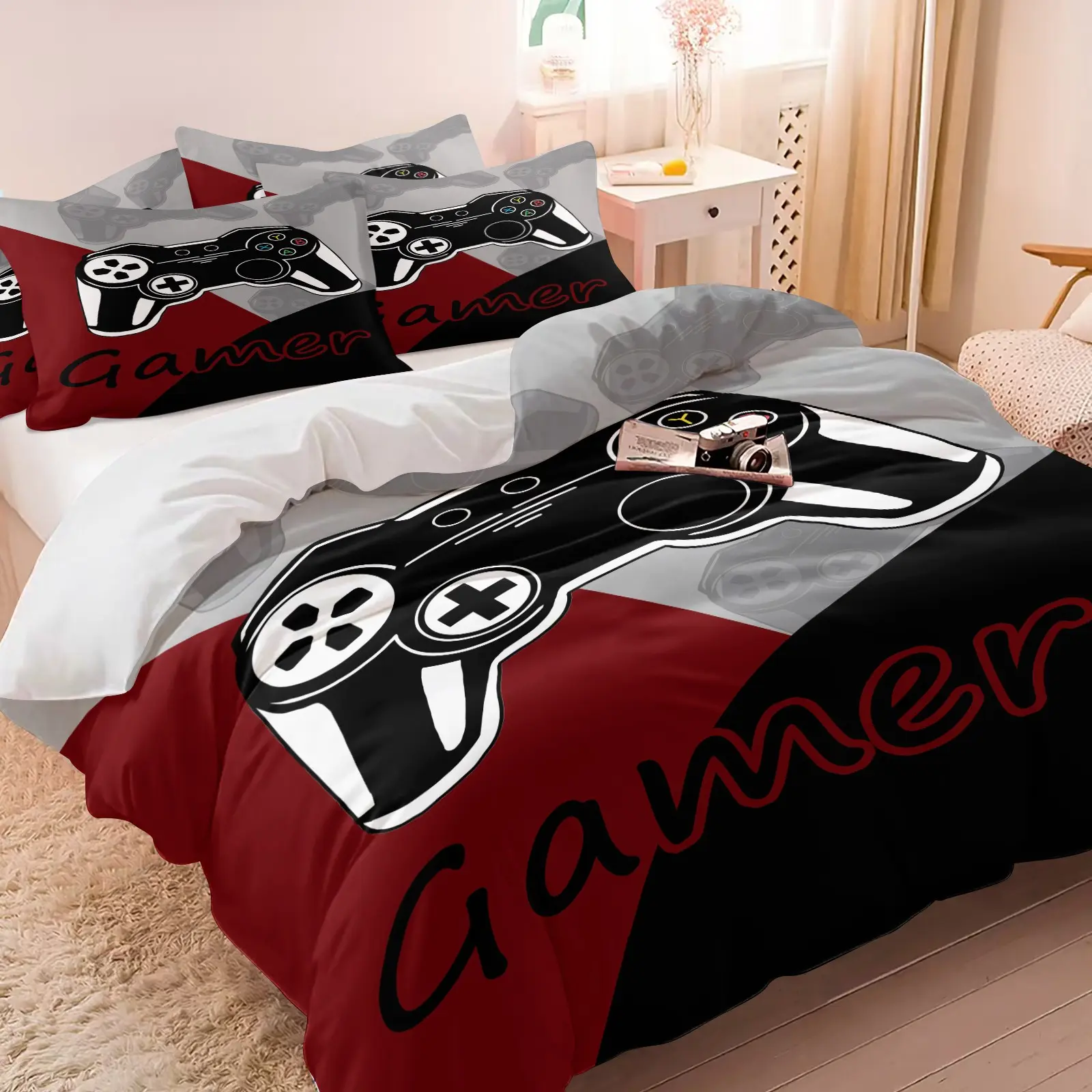 3PCS Red Grey Black Gamer Gamepad Duvet Cover Set (1 Duvet Cover + 1-2 Pillowcases), Color Block Gaming Controller Letter HD Digital Print, Soft Cozy Skin-Friendly All Seasons Bedding, Soft Bedding Sets, Perfect for Teen Boys Gaming Bedroom Decor