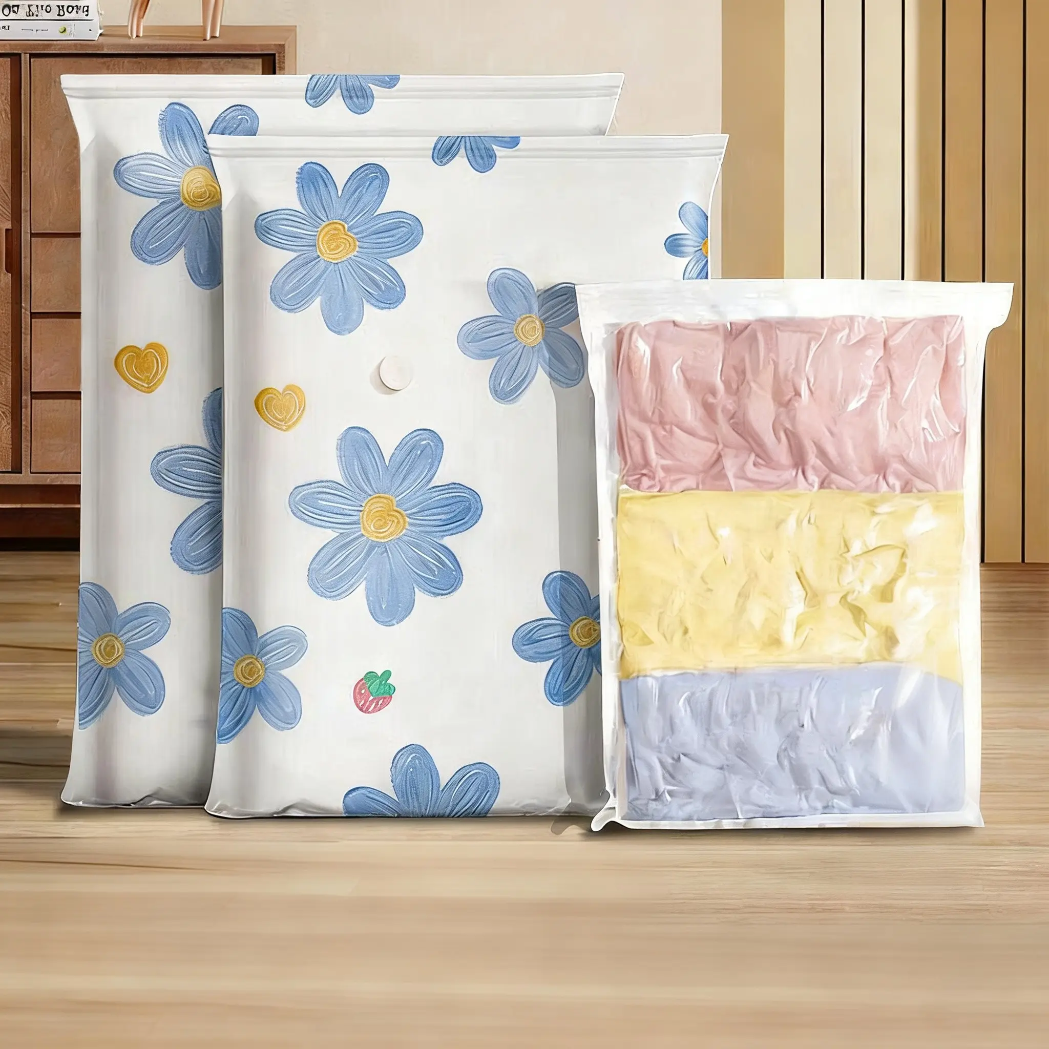 3-Pack Orchid-Print Vacuum Compression Bags with 2 Bonus Metal Hooks Large-Capacity Clothing Protection Set for Clothes, Blankets, and Quilts Space-Saving, Dustproof, Moisture-Proof, Transparent Plastic Storage Bags for Home and Travel