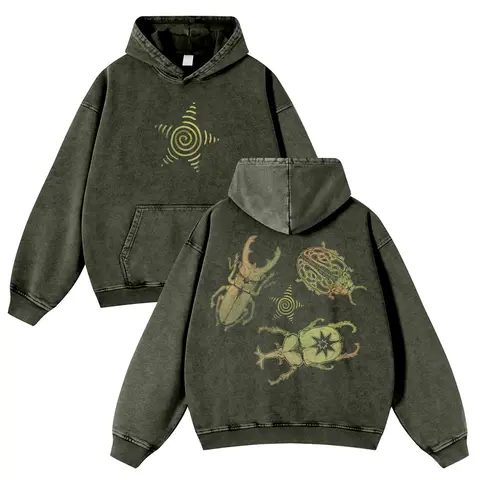 Men's Vintage Washed Oversized Long Sleeve Graphic Hoodie - Thick Cotton Blend Psychedelic Beetle Pullover, Plus Size Alt Clothing for Jeans Pairing, Cool Adult Gifts