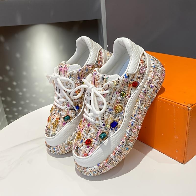 Women's Closed Sparkling Rhinestone Low-Top Lace-Up Casual