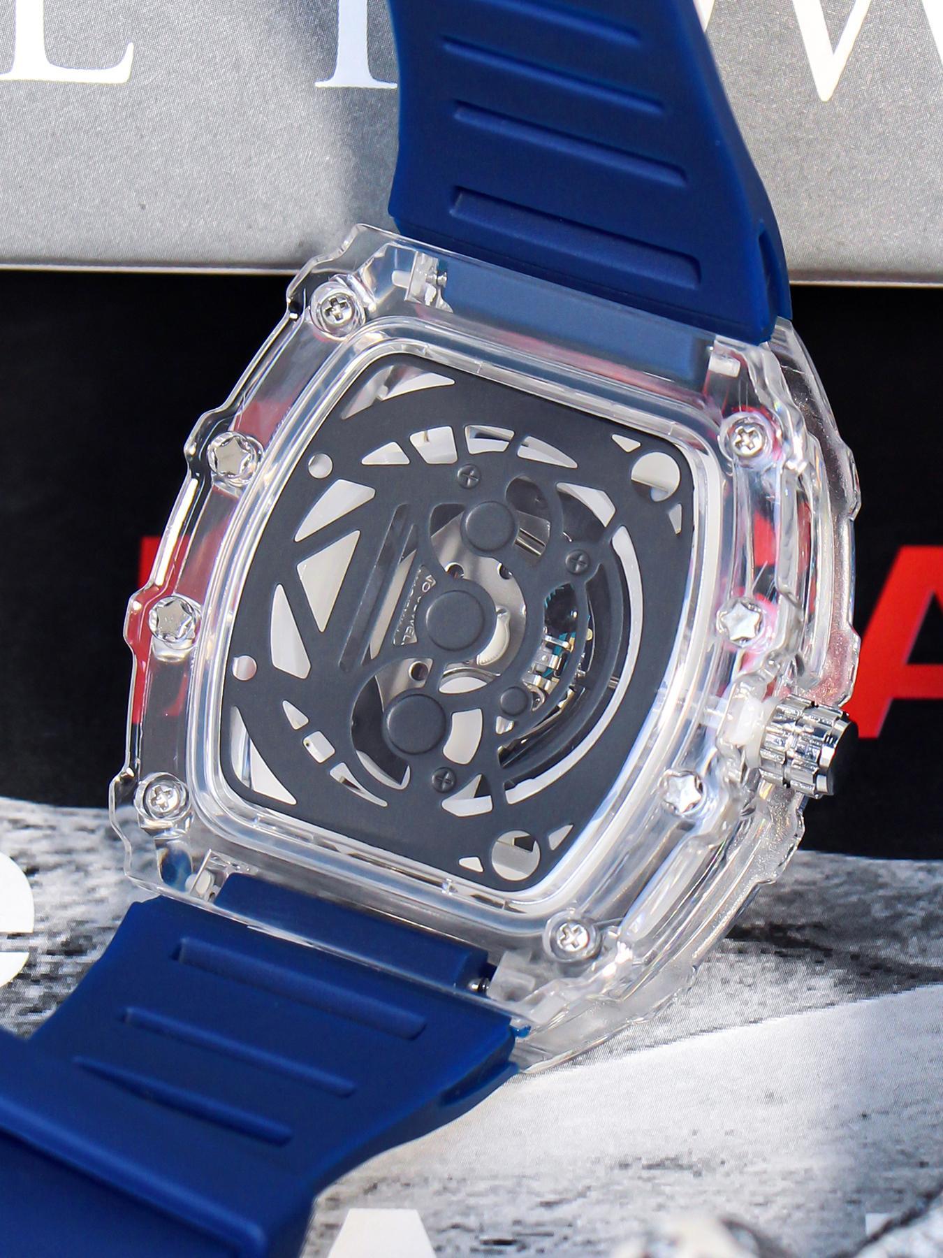 Men's Fashion Clear Watch, Casual Trendy Quartz Watch with Silicone Strap, Fashionable Wristwatch for Daily & Business Decoration As Gift with Box