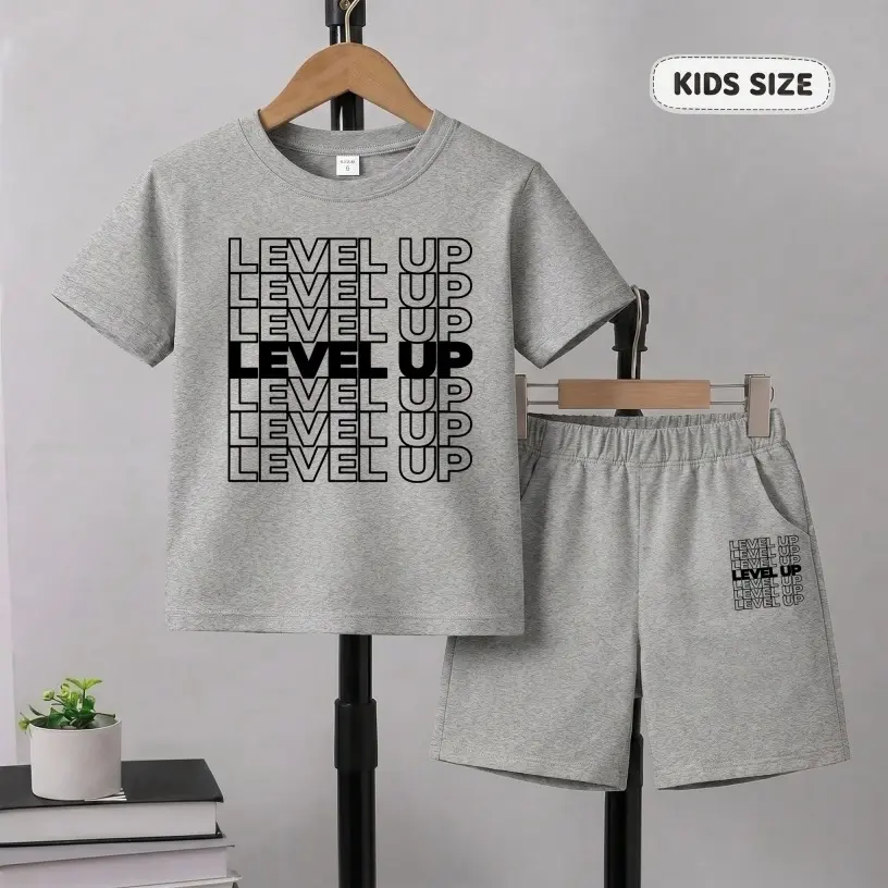 Boys’ Level Up Printed Design Short Sleeve T-Shirt And Shorts Set, Casual Kids Summer Outfit, Comfortable Crew Neck Clothing Set For Daily Wear And Outdoor Play