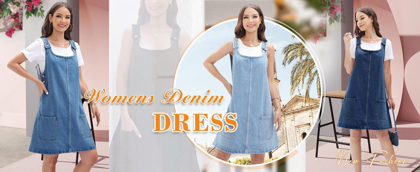 Imily Bela Women's Sleeveless Casual Denim Dress Crewneck Vintage Overall Mini Dress with Pockets