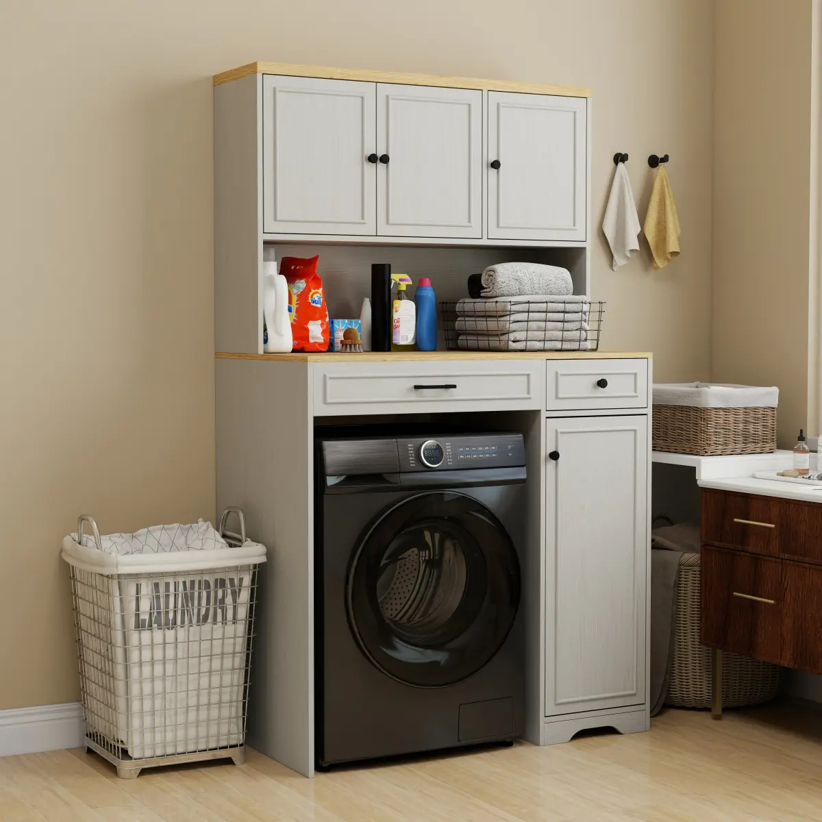 Antique White Over-the-Washer Storage Cabinet, E1 MDF with Melamine Finish Laundry Organizer, Fits Compact Apartment Washing Machine 26"L*22"W*35"H, Adjustable Shelves & Removable Laundry Hamper, Anti-Tip Laundry Room Cabinet