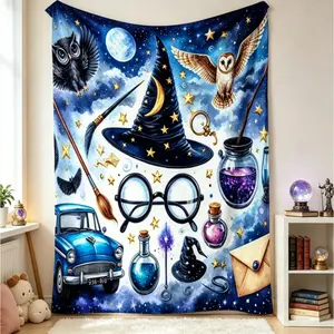 Funny Wizard Cartoon Flannel Blanket, Magic Theme Plush Fleece Throw for Adults Kids, Ultra Soft Cozy Warm Blanket for Sofa Bed Bedroom Picnic Travel Home Decor Birthday Holiday Gift