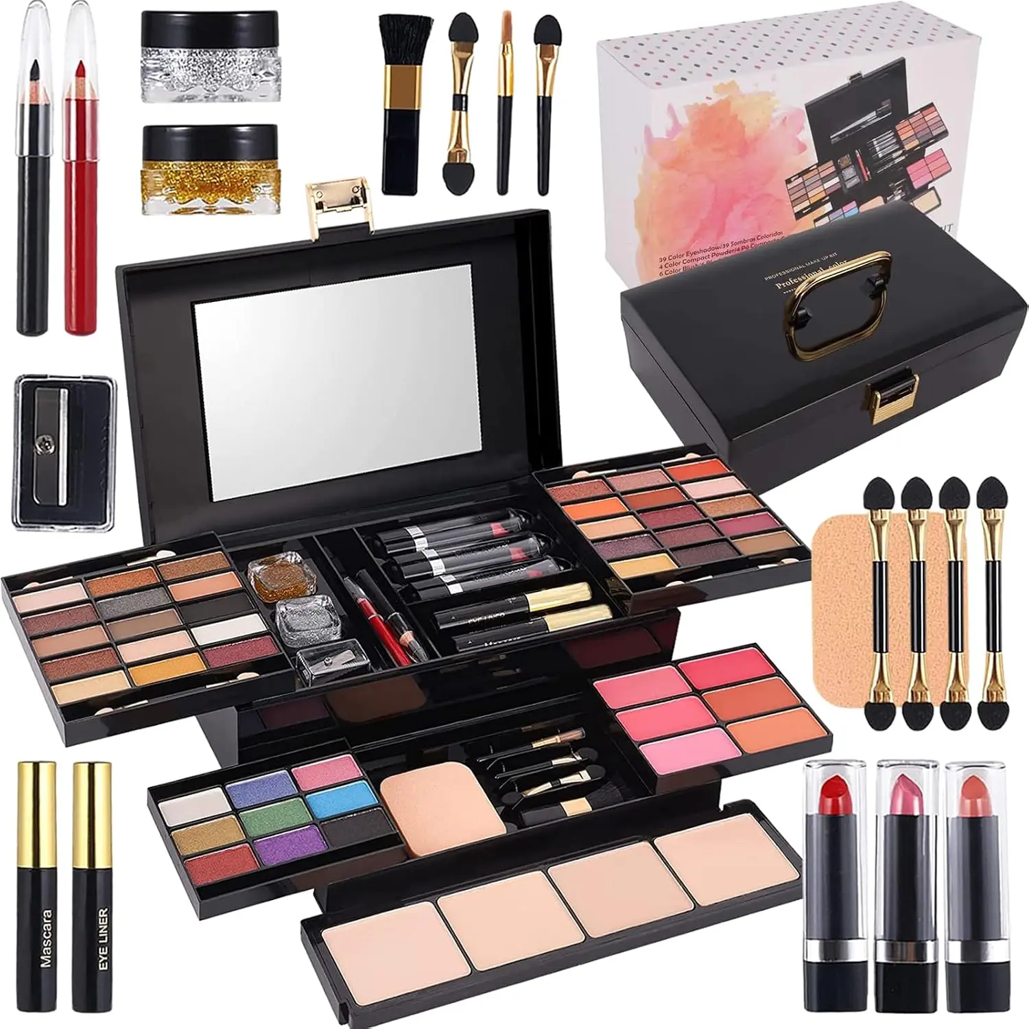 58 colors Professional Makeup Kit for Women, All In One Full Makeup Gift Set for Women Girls Beginner with Eye Shadow Blush, Lipstick, Compact Powder, Mascara, Eyeliner, Lip Liner, Eyebrow Pencil,
