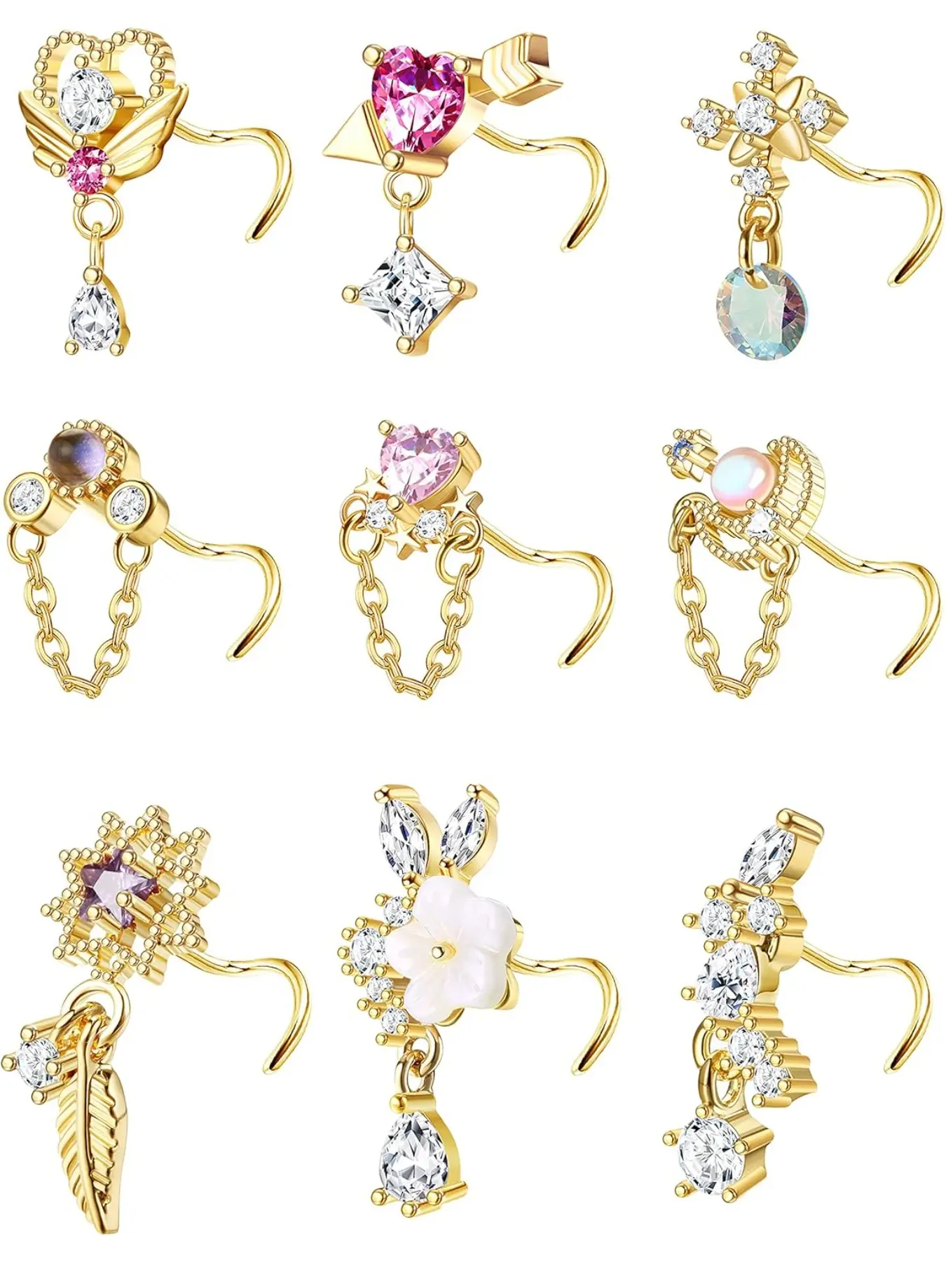 9 Pcs 20G Dangle Nose Rings Set Studs for Women Stainless Steel L Shaped Nose Studs Heart Arrow Feather Snowflake Wing CZ Dangling Nose Piercing Jewelry