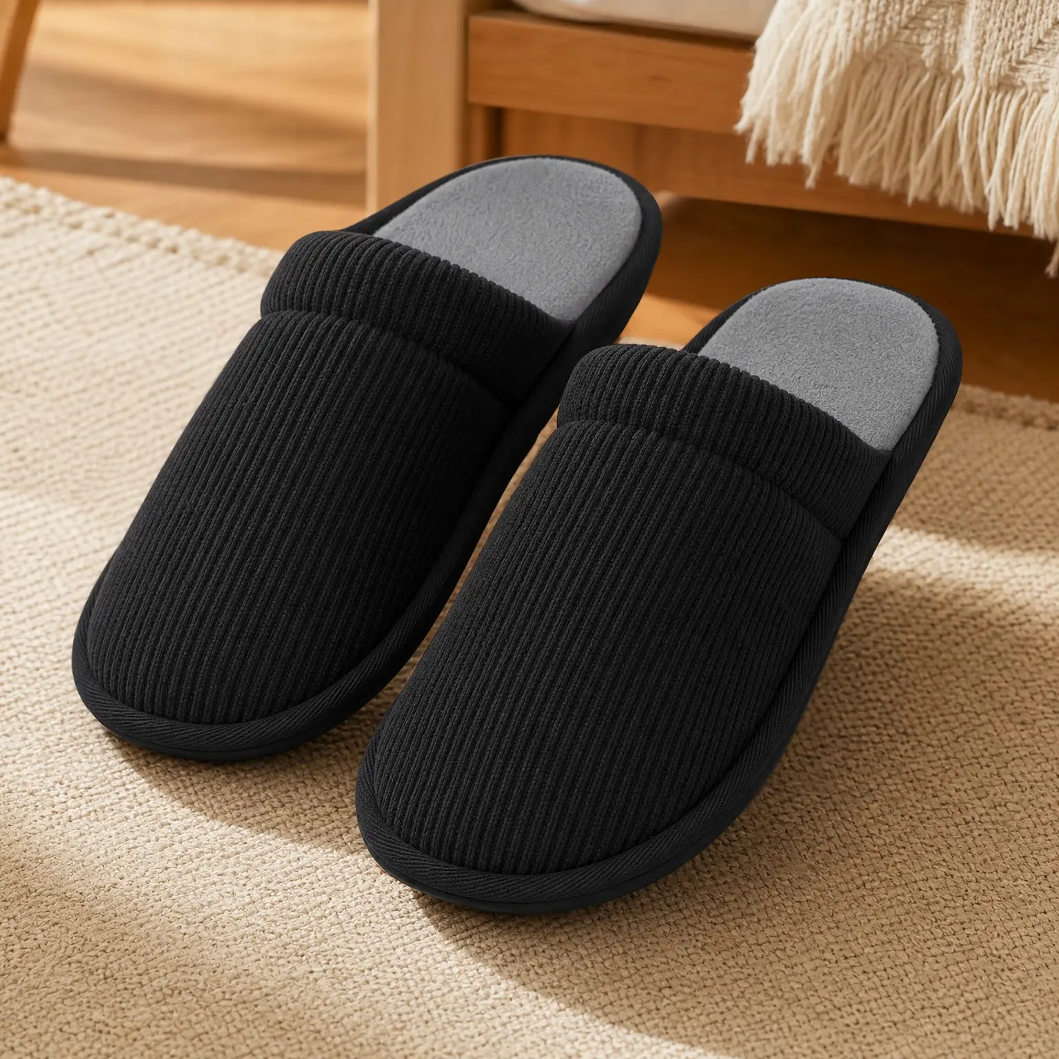 Men's Corduroy Slippers Memory Foam Non-Slip Indoor House Shoes - Soft Comfy, Breathable Coral Fleece Lining, Slip On, Machine Washable, Travel EssentialsGift