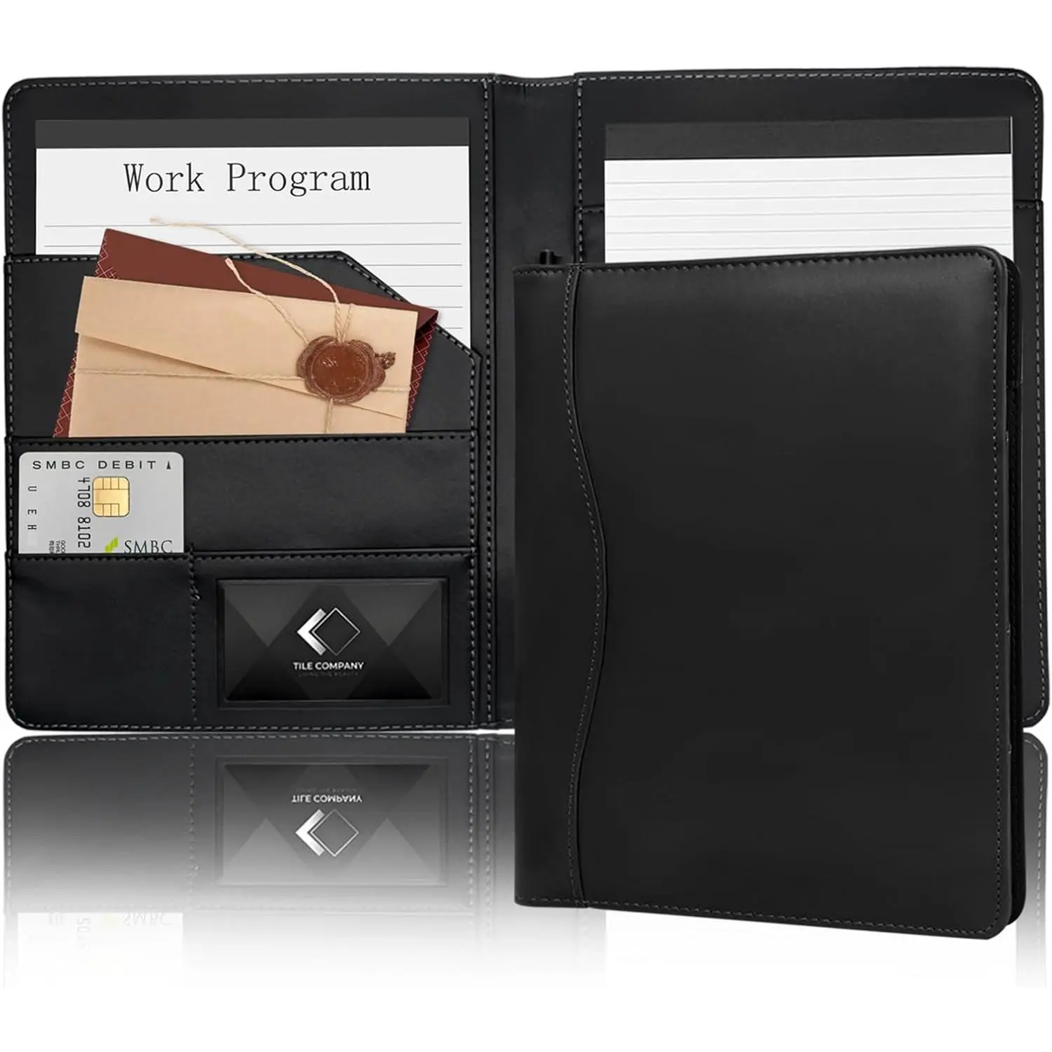 Leather Portfolio Binder 5 x 8, Mini Soft Leather Padfolio A5 Business Binder Legal Writing Pad Junior Size Document Organizer for Present   Men Women Black
