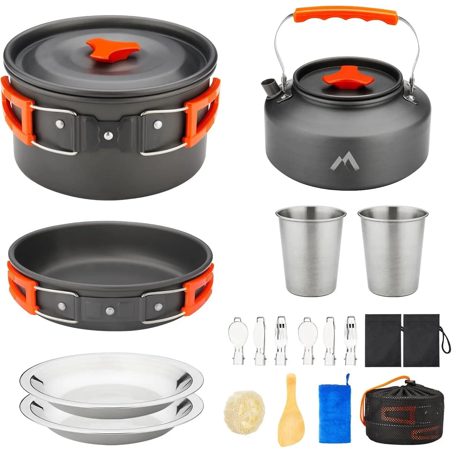 17 count Camping Cookware Kit, 0.45Gal Pot, 7inches Pan,0.30Gal Kettle Set with 2 Set Stainless Steel Cups Plates Forks  Spoons for Hiking,Camping,Backpacking,Outdoor Cooking and Picnic