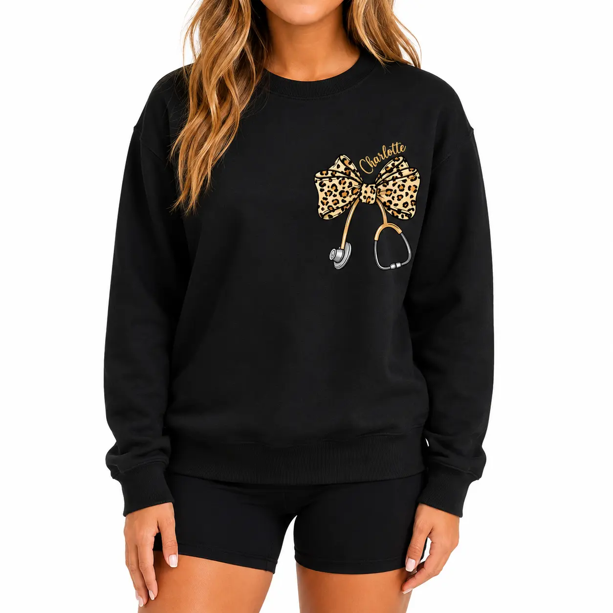 [Custom Name] Leopard Stethoscope Bow Sweatshirt or T-Shirt, Coquette Nurse Hoodie, Nurse Appreciation Gift, Nursing Student Sweatshirt, Healthcare Sweater.