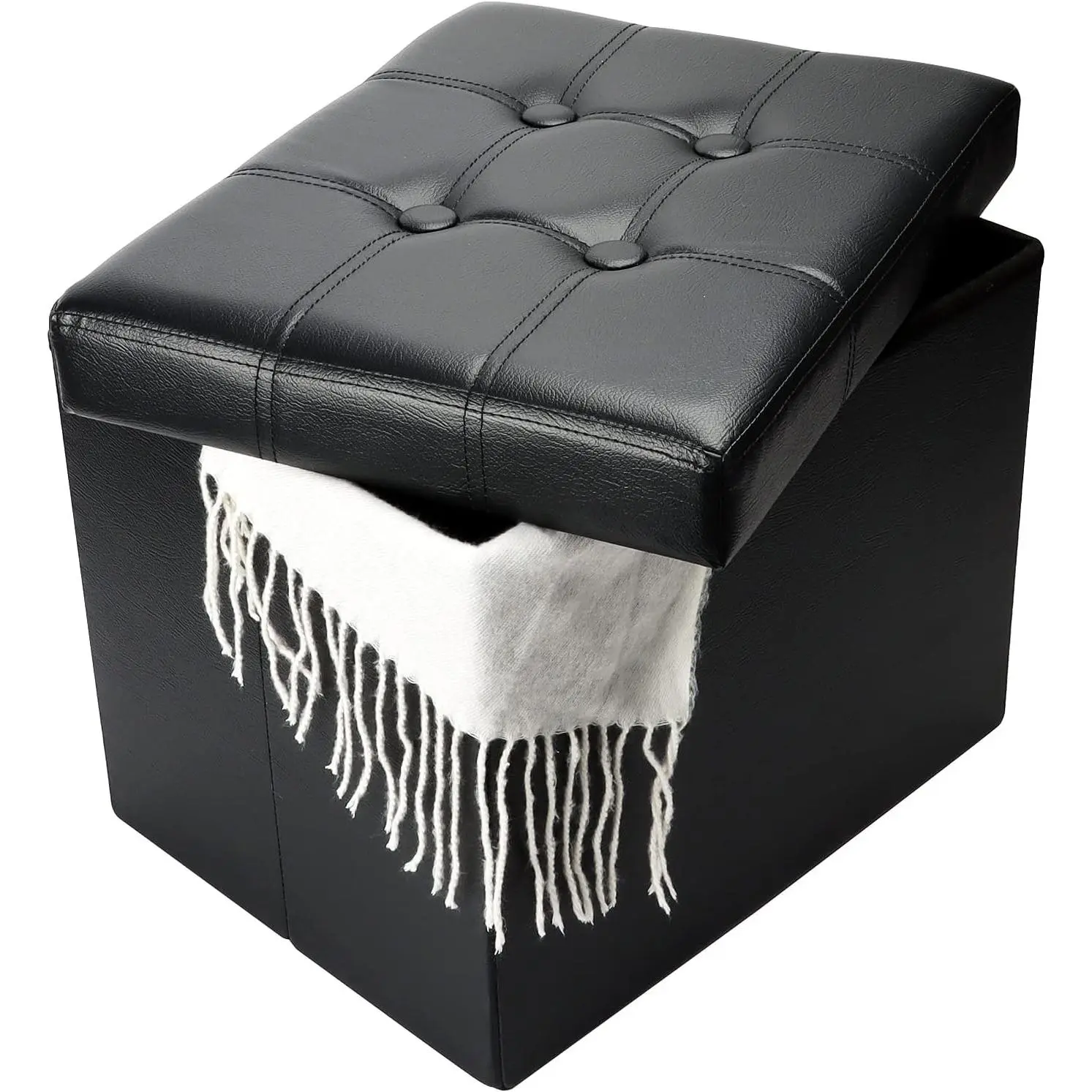 Storage Ottoman, Folding Foot Stool with Thicker Foam Padded Seat Small Leather Storage Ottoman Bench Foot Rest for Living Room Foldable Coffee Table 17x13x13in,Black