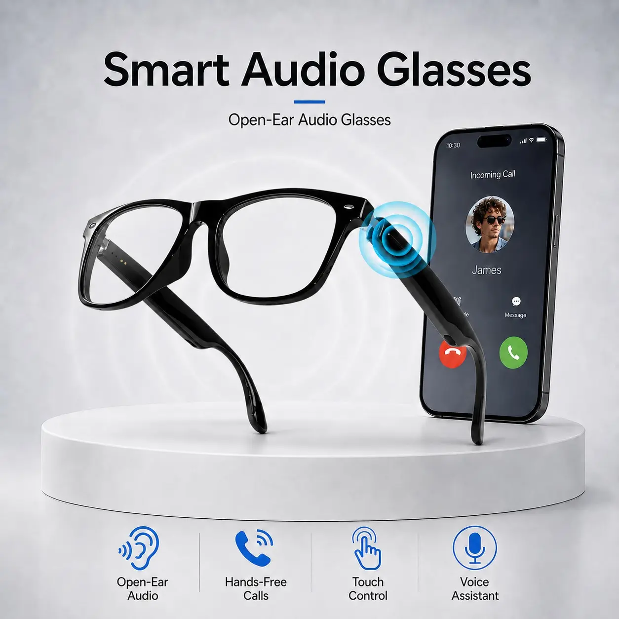 Bluetooth Smart Glasses for Men Women, Smart Audio Glasses with Open-Ear Speakers, Built in Mic, Hands-Free Calls, Touch Control, Voice Assistant and UV Protection