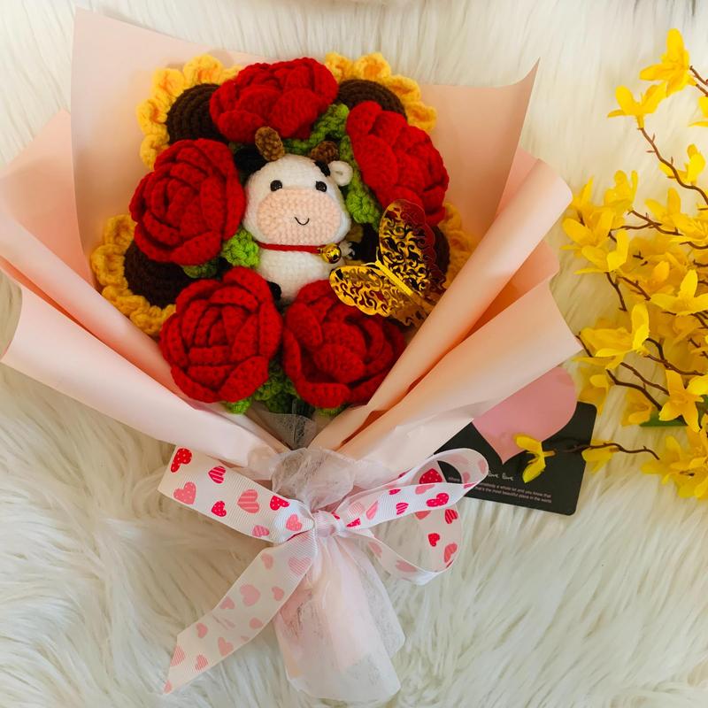 Crochet Flower Bouquet, 1 Count Handmade Knitting Flower Bouquet with Cow Doll, Home Decor Supplies, Gift for Girlfriend, Birthday Gift, Handmade Knitted Rose