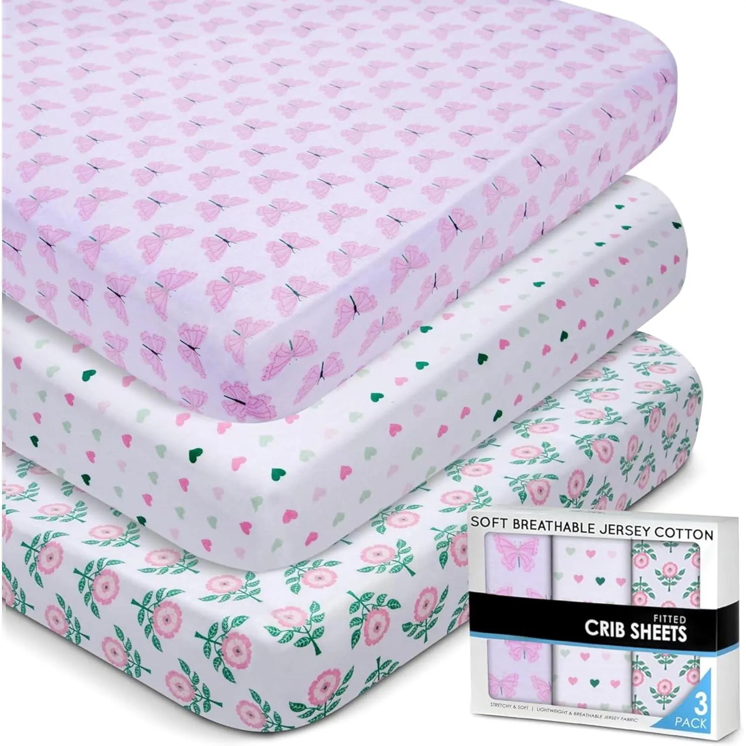 Crib Sheets 3 Pack - Soft & Stretchy Jersey Cotton ted Baby Crib Sheets  Girls, Cute Toddler Bed Sheets  Baby Girl (Hearts & Flowers) New model