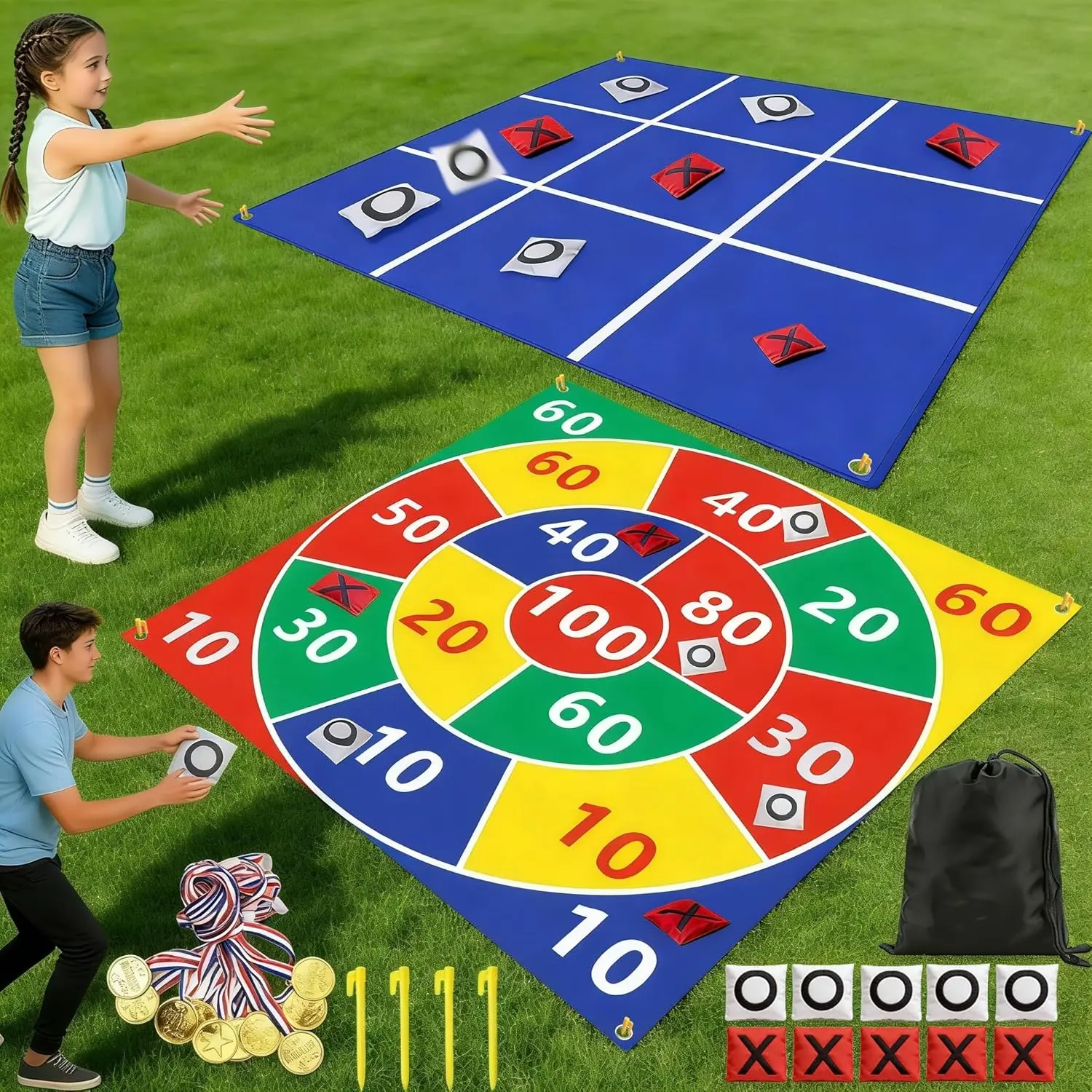 2-in-1 Outdoor Giant Tic Tac Toe Bean Bag Toss Game for Kids & Adults, 4.5Ft Large Picnic Lawn Backyard Party Fun Yard Field Day Gamefidget toys