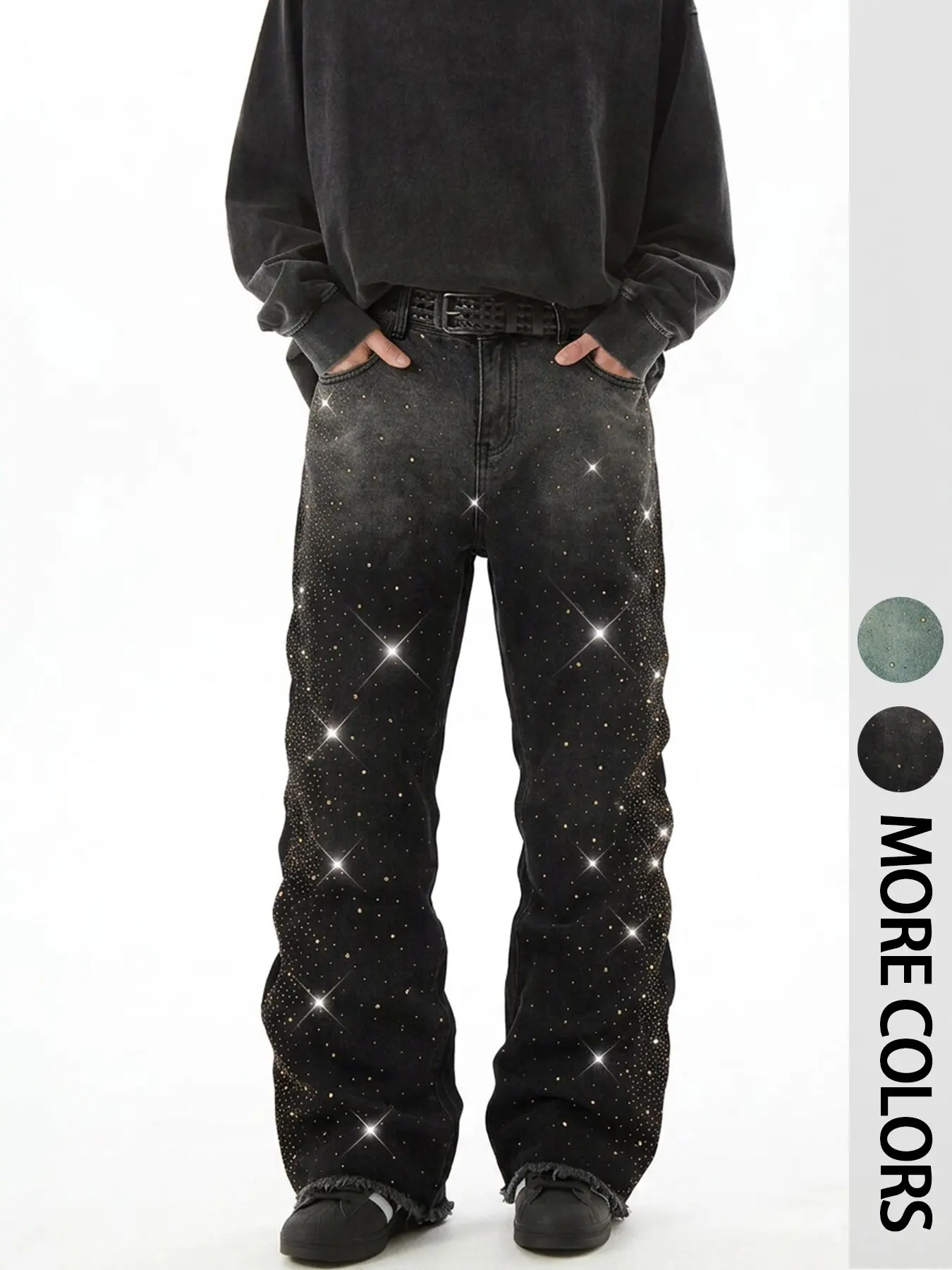 Men's Trendy Jeans, Sparkle Rhinestone Patchwork Design, Loose-Fit Zipper Fly, Y2K Style, All-Season Casual Wear