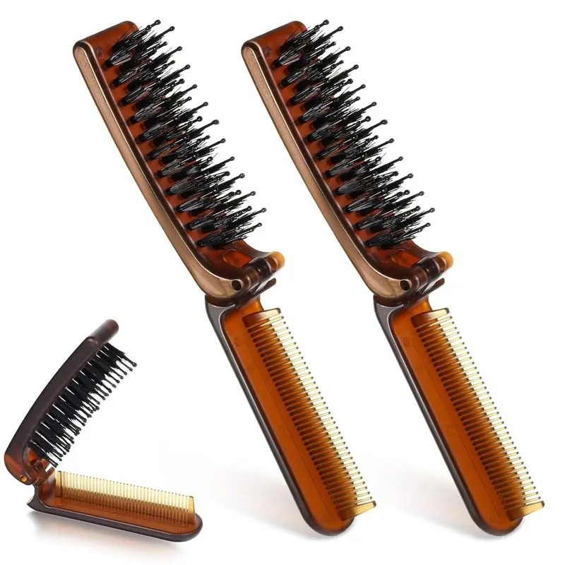 Travel-sized mini comb, 2-pack foldable portable nylon bristle comb, with fine-tooth comb, unisex, suitable for bangs, dry hair, wet hair, thick hair, thin hair, curly hair, straight hair - Amber color: Beauty and personal care