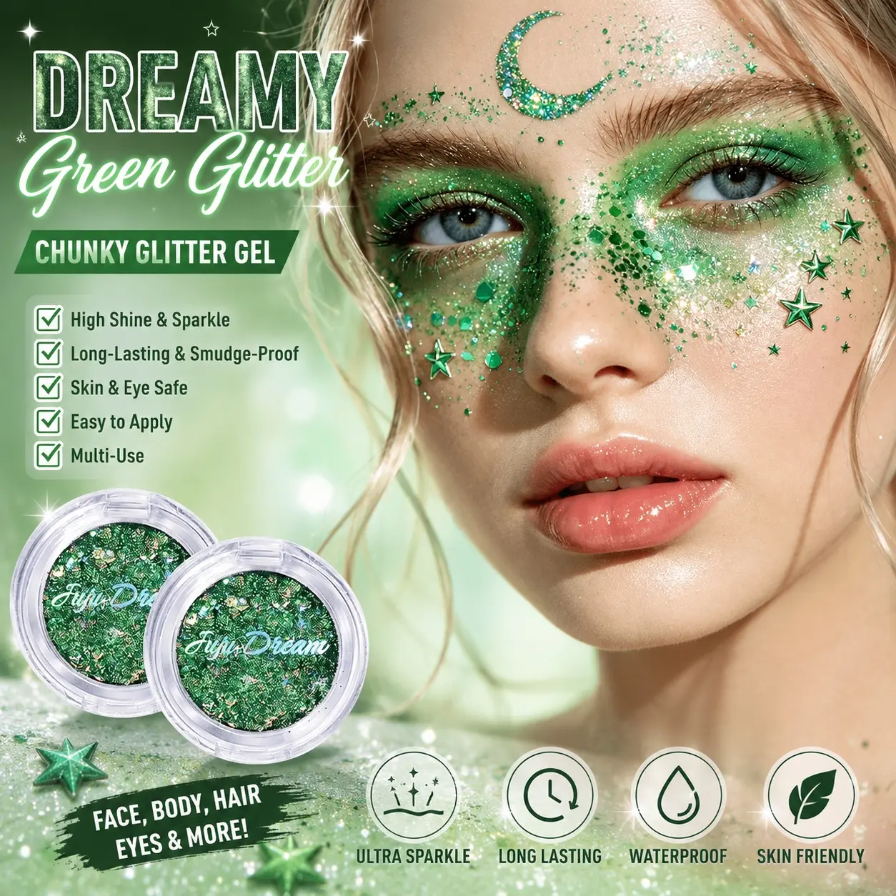 Green Chunky Star Glitter, multi-sized emerald green mixed sequins including, ultra sparkling luminous finish, skin & eye safe gentle formula, waterproof long-lasting smudge-proof texture. Multi-use for eye makeup, face body & hair decoration