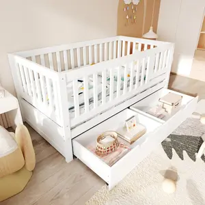 3-in-1 Convertible Toddler Bed with Storage Drawers, Solid Wood Crib Daybed with Removable Guardrails, Low Bed Frame for Toddlers, Fits Standard US Toddler Mattress, White