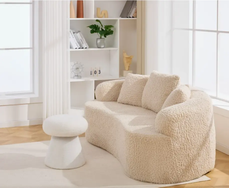 066-Teddy Fabric Soft-padded Footstool, Mushroom shaped Ottoman, Shoe-changing Stool, Makeup Stool,No Installation Required, Suitable For Bedrooms, Living Rooms, Powder Rooms Or Entrances