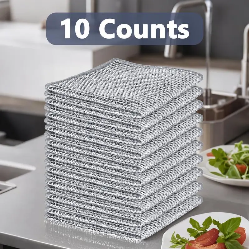 10 Counts Wire Dishwashing Rag, Heavy-Duty Steel Mesh Scrubber, Abrasive-Free Cleaning Cloth for Kitchenware, Pots, Pans and Utensils