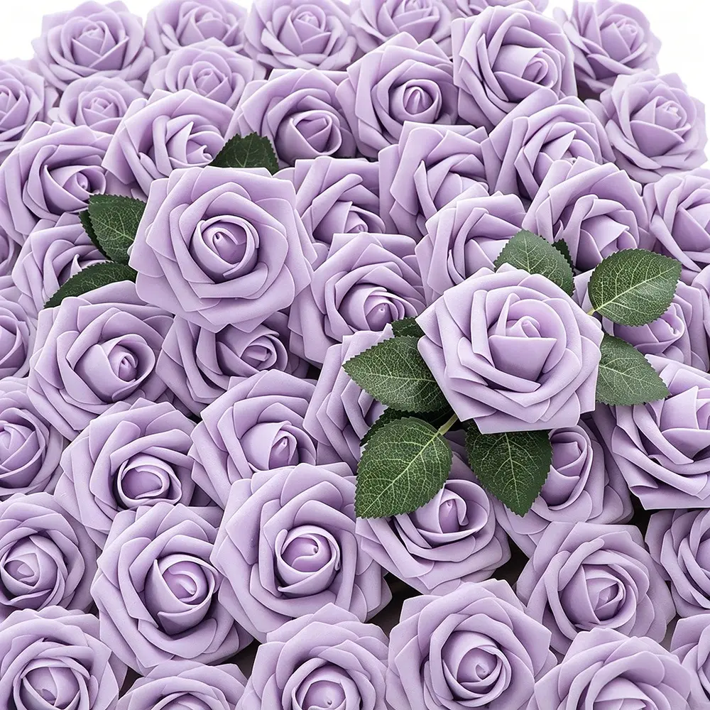 50pcs Light Purple Artificial Flowers Rose, Fake Roses with Stems Realistic Touch Foam Flowers, Very Suitable for Home, Wedding, Office Decoration, Anniversary, Wedding Bouquet Table Centerpiece Party Supplies, Ideal Choice for Valentine'S Day