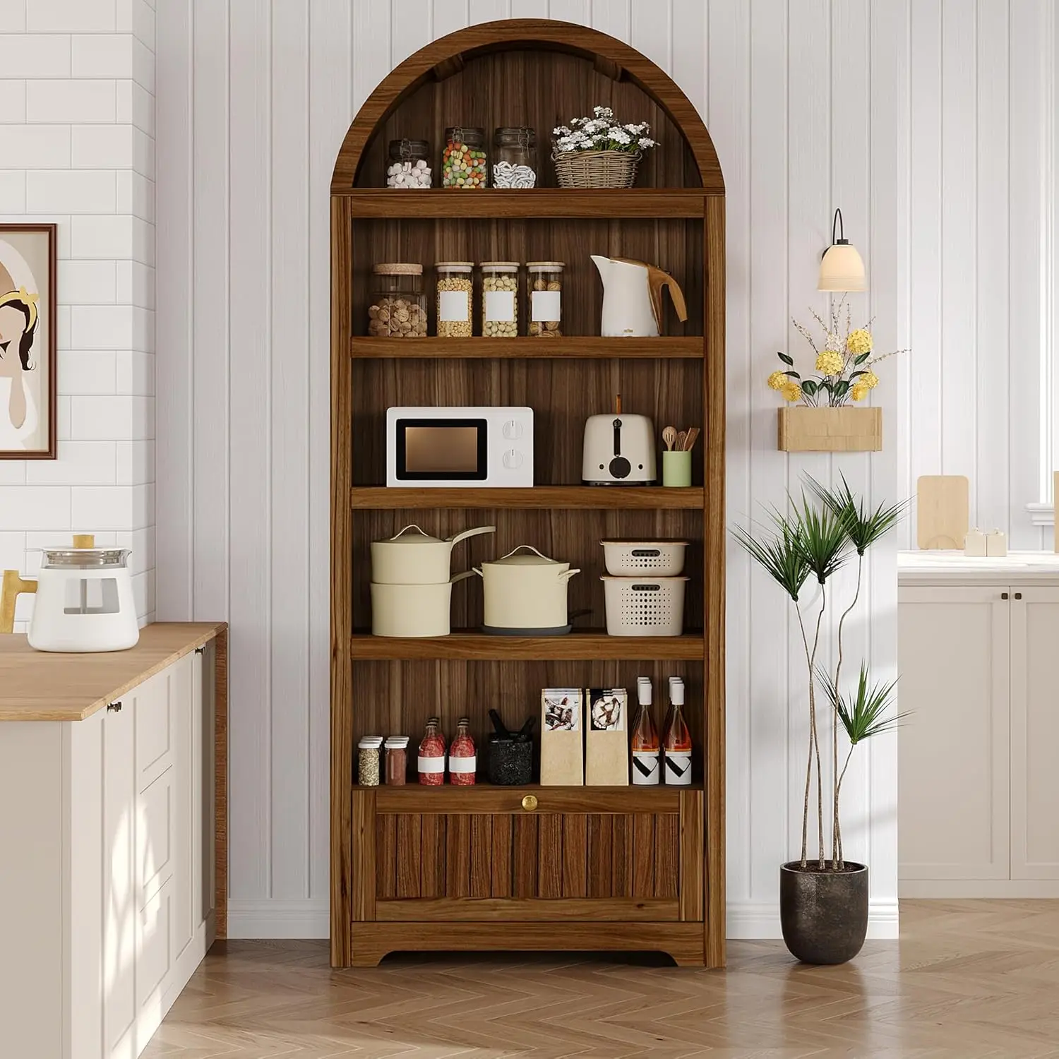 72" Arched Pantry Cabinet with Drawer, 5-Tier Kitchen Storage Cabinet with Gold Handles, Freestanding Organizer for Dining Room, Living Room & Kitchen