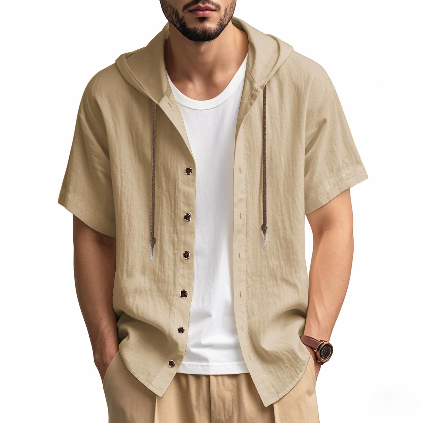 American-style Summer Lightweight Breathable Linen Amekaji Loose-fitting Hooded Men's Short-sleeve Shirt 95% Linen 5% Polyester Casual Menswear