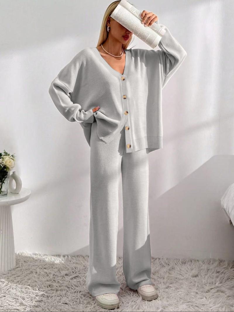 Women's Solid Button Front Drop Shoulder V Neck Cardigan & Elastic Waist Wide Leg Pants Two-piece Set, Casual Fashion Cozy Knitwear Set for Daily Outdoor Wear, Women's Knitwear for Fall & Winter Women's Solid Button Front Drop Shoulder V Neck Cardigan & Elastic Waist Wide Leg Pants Two-piece Set, Casual Fashion Cozy Knitwear Set for Daily Outdoor Wear, Women's Knitwear for Fall & Winter