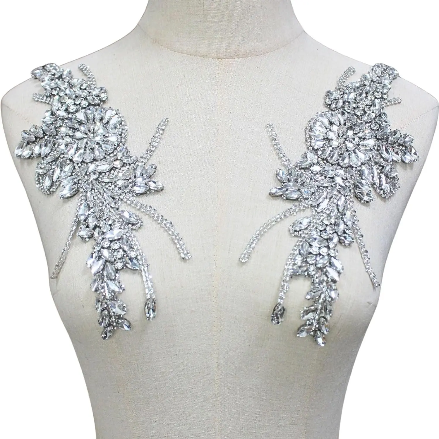 1 Pair Rhinestone Beaded Applique Patches Silver White Iron on Handcrafted Hot Fix Clothing Diamond DIY for Evening Dresses Bridal Gowns Dance Costumes Embellishments