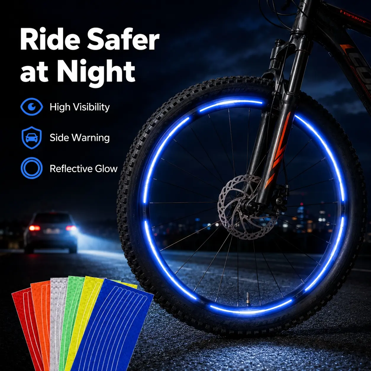 16 PCS Bike Wheel Reflective Rim Stickers, 2 Sheets x 8 Strips Bicycle Reflective Tape, Waterproof Strong Adhesive Wheel Decals for Night Riding Safety, Road Bike, Mountain Bike, City Commuting & Outdoor Cycling