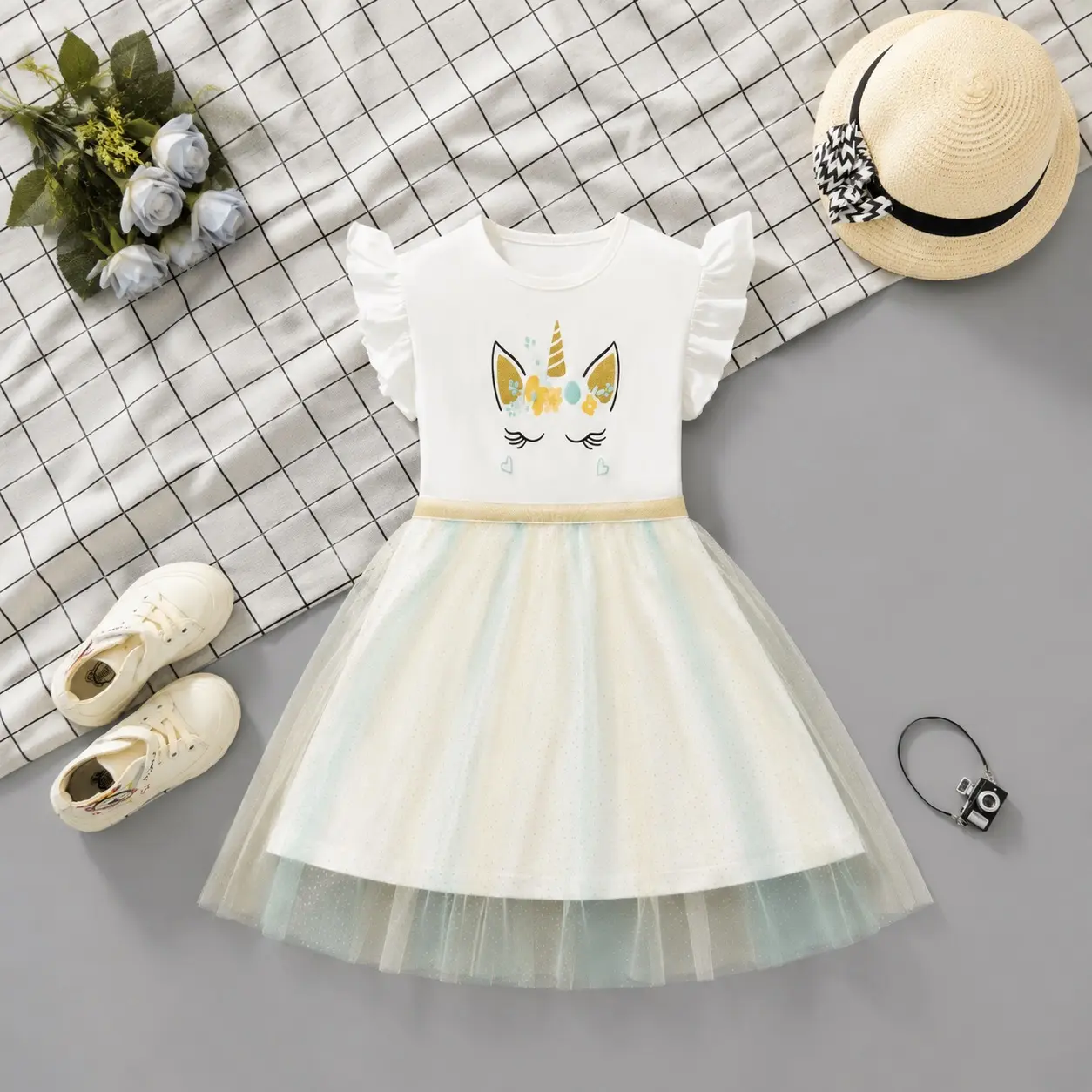 Please Check The Size Chart Before Ordering. Girls Unicorn Tulle Dress Featuring Ruffle Sleeves, Cute Graphic Design and Layered Mesh Skirt, Soft, Comfortable and Elegant Princess Dress for Everyday Wear and Parties.