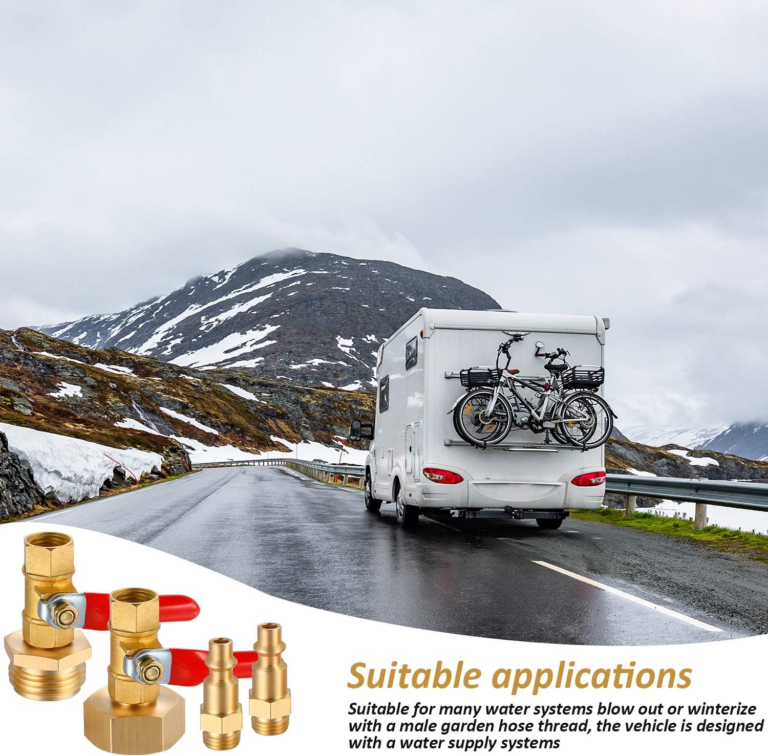 RV Winterize Blowout Adapters, 3/4'' GHT Male & Female Brass Winterizing Plugs, Air Compressor Sprinkler Blow-out Fitting Connector with Shut off Valve, for Camper,Boat,Garden Faucet Marine