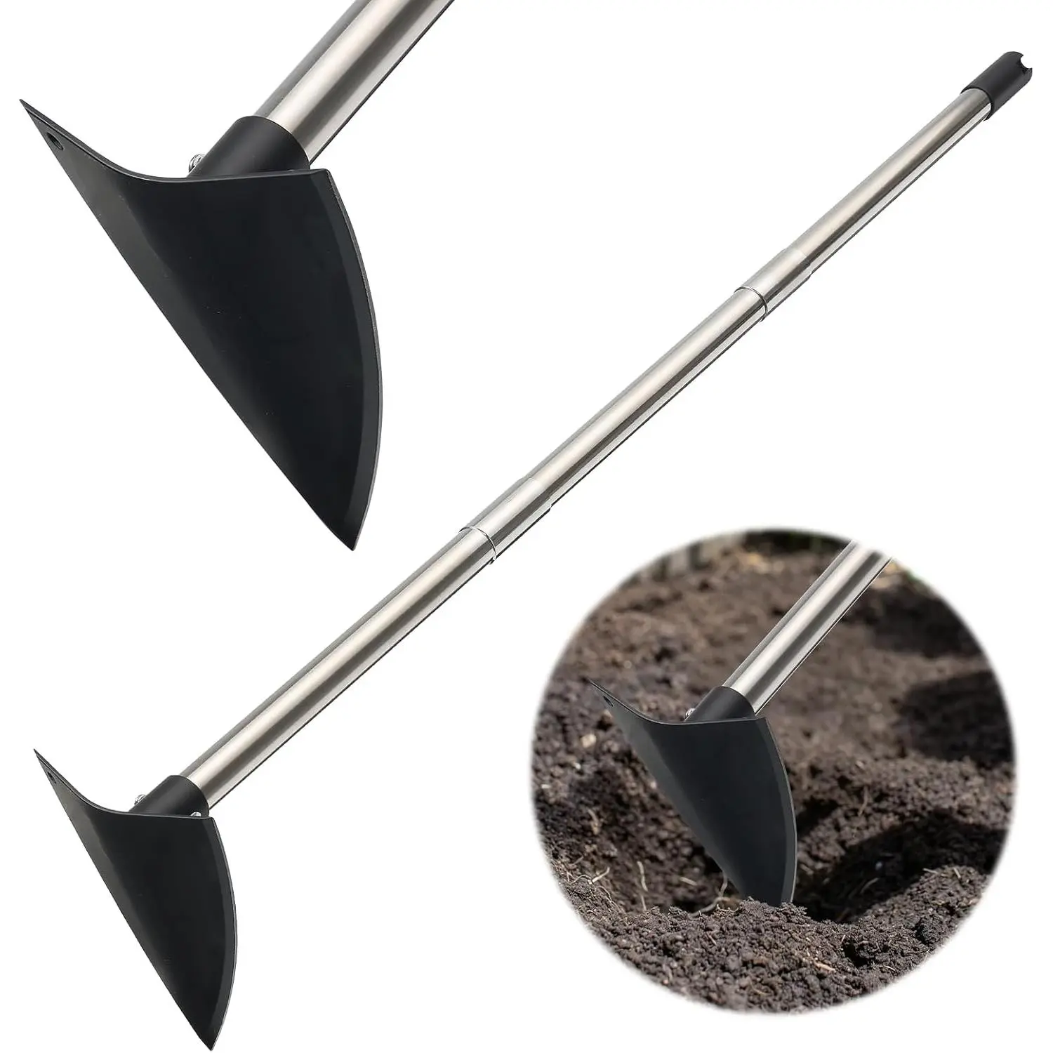 Stainless Steel Trenching Hoe Garden Tool, 30-72 Inch Extendable Pole with Adjustable Length & Detachable Parts, Rust Resistant Triangle Head Multi-Purpose Tool for Weeding Tasks & Soil Loosening