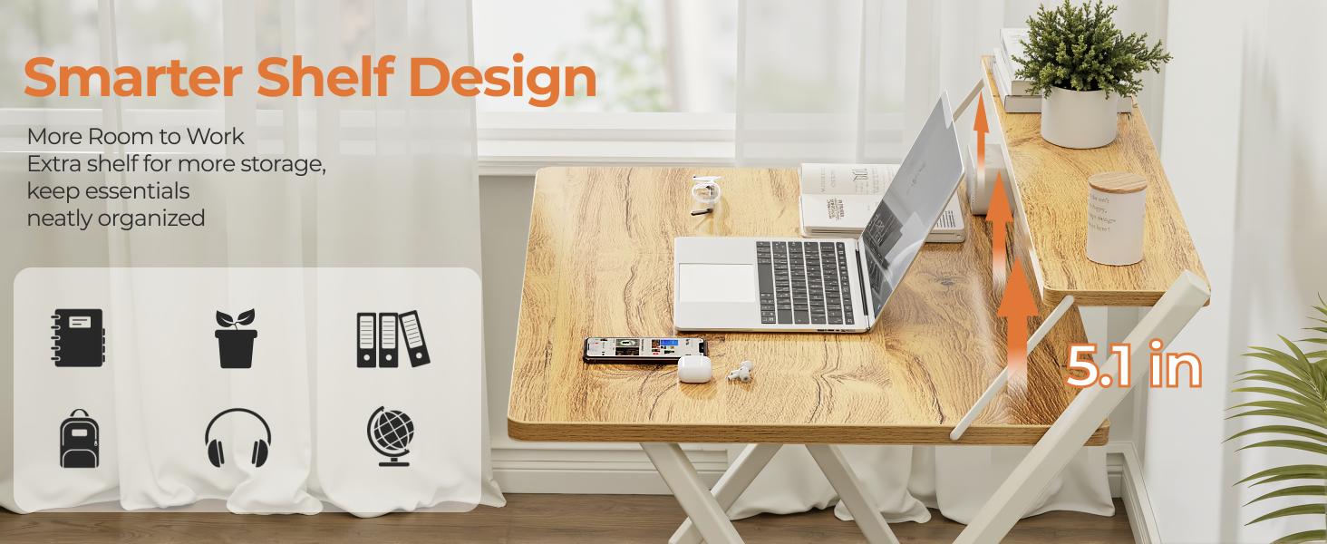 Portable Small Desk No Assembly, 2-Tier Compact Computer Desk with Shelf, Space Saving Foldable Table for Home Office, Bedroom or Apartment, Portable Collapsible Sturdy Laptop Desk, Oak