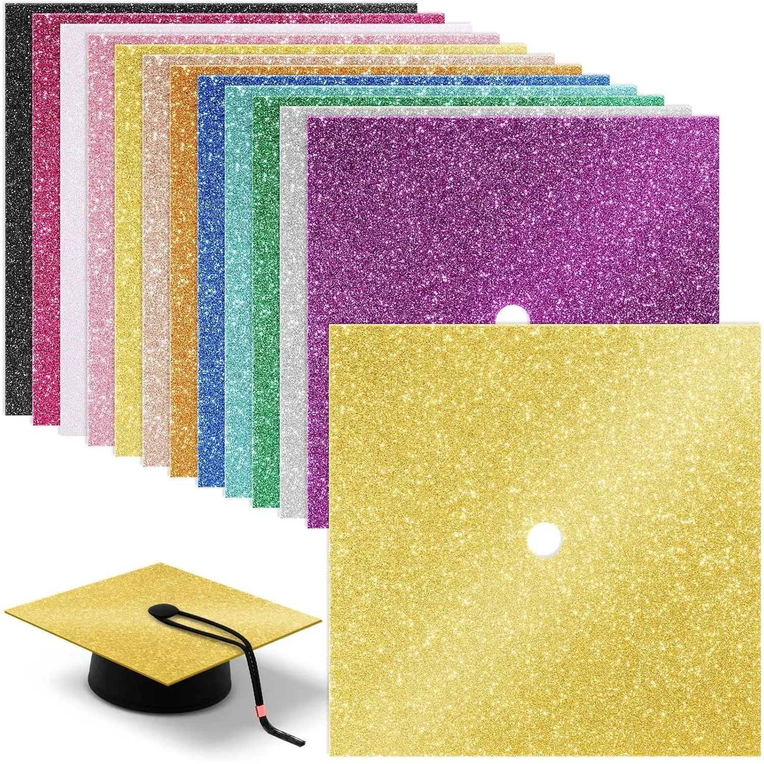 12 Sheets Colorful Glitter Finish Construction Cardstock - Graduation Cap Decoration Supplies for DIY Grad Cap Cover, Hat Topper Crafts