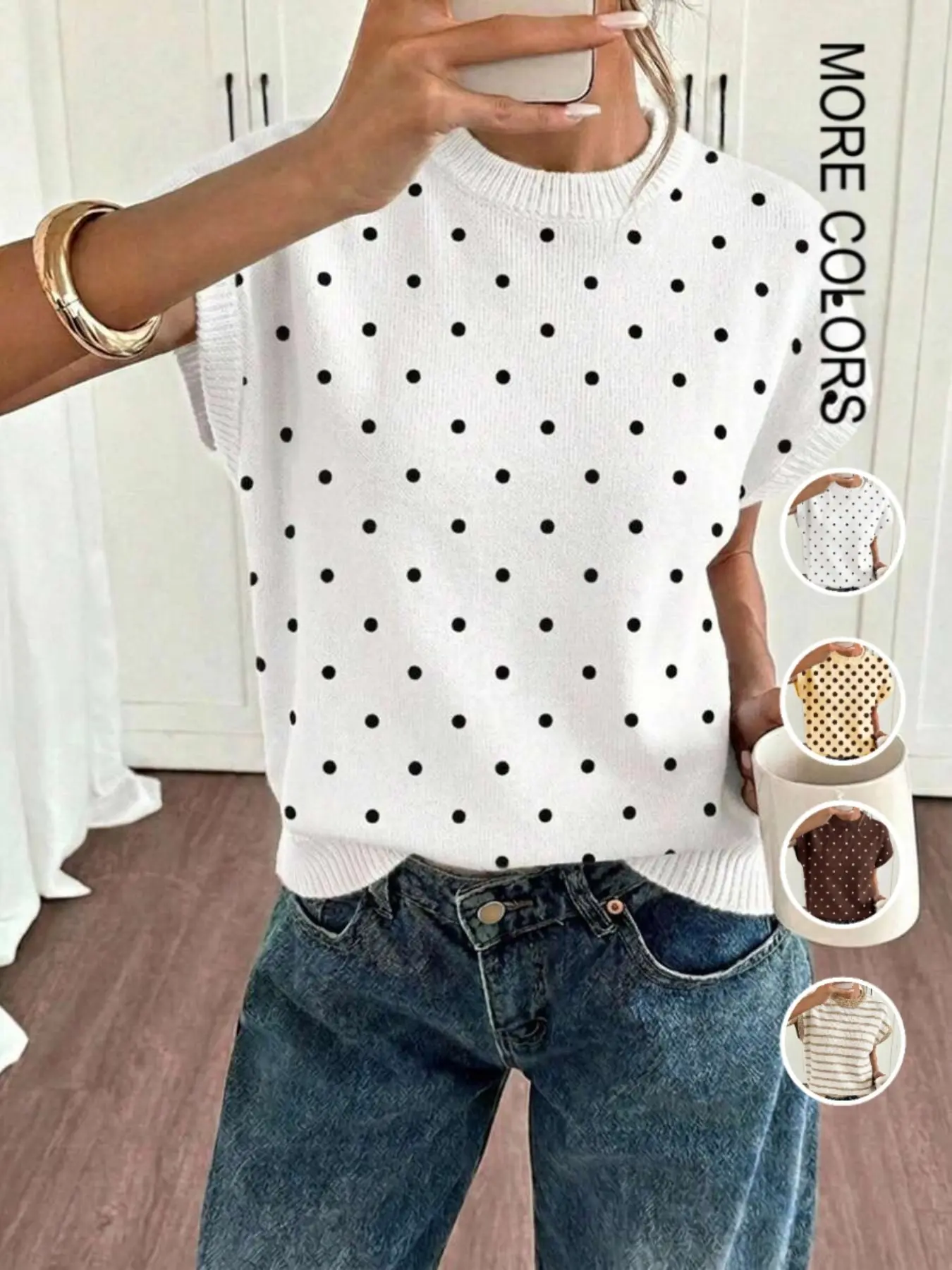 Women's Sleeveless Polka Dot Round Neck T-Shirt, Casual Loose Fit Knitted Top, Vintage Style, Slimming and Trendy, Elegant and Unique Fashion, Casual Tee Tops