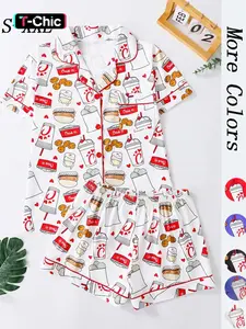 Women's All Over Print Button Front Shirt & Shorts Pyjama Set, Comfort Two-piece Pj Set for Homewear, Loungewear, Women's Sleepwear for All Seasons, Pajama Set, Casual Sleepwear Set