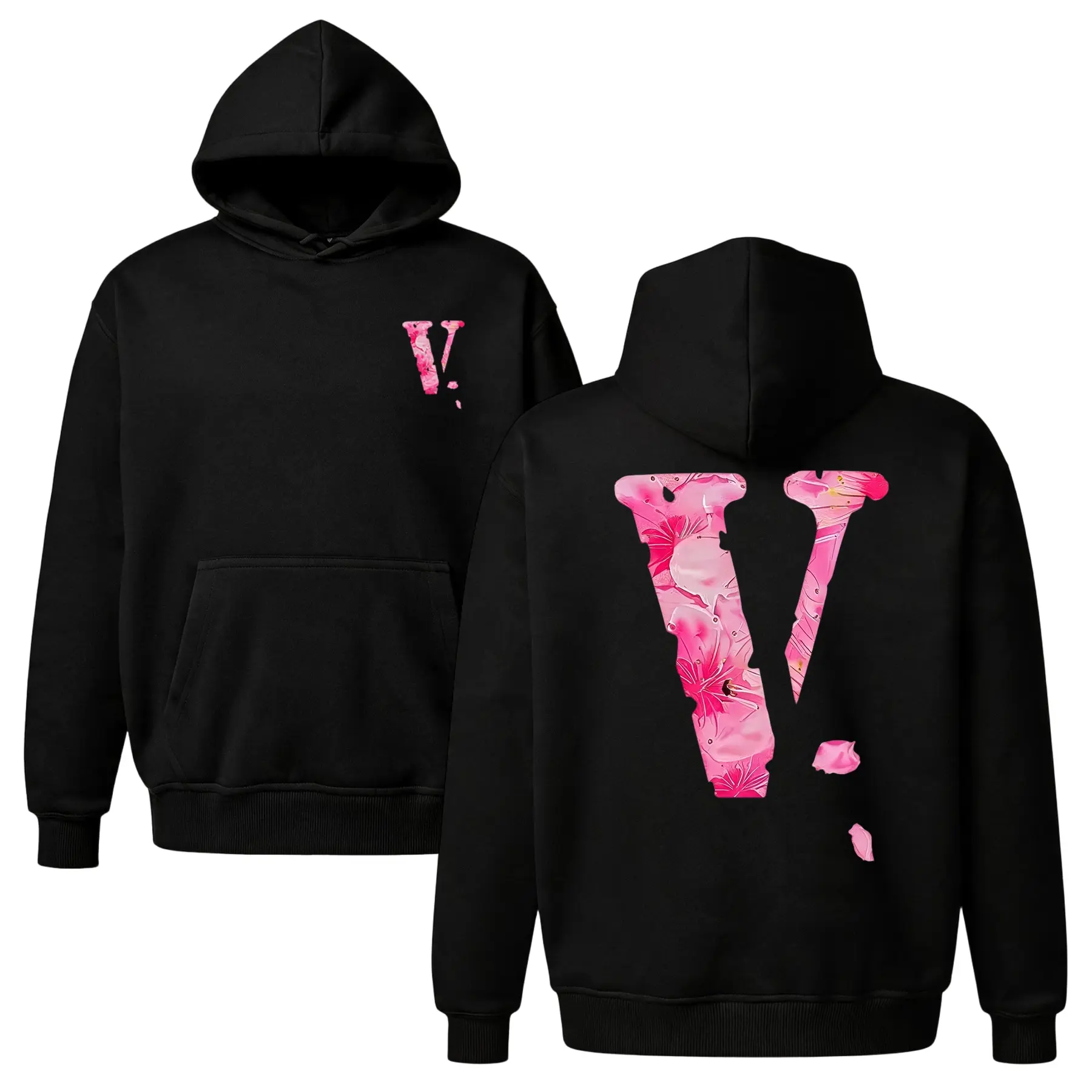 Y2K Floral Graphic Hoodie |   Pink Flower Back Print Sweatshirt |   Soft Girl Aesthetic Pullover |   Oversized Unisex Fleece Top |   Cute V Monogram Hoodie for Women & Girls