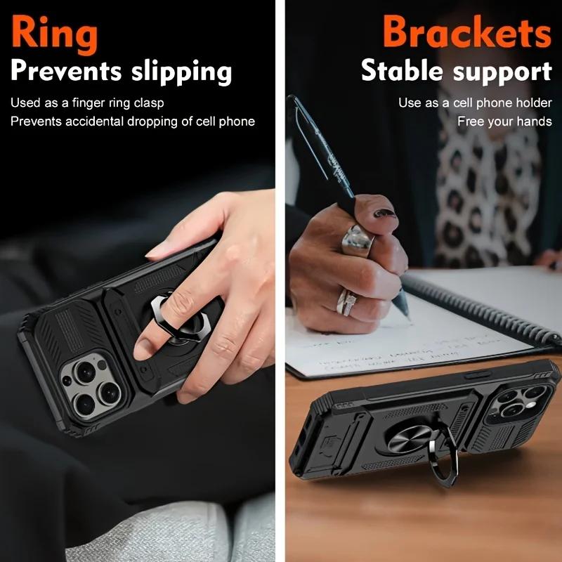 Ring For IPhone 17 Air 13 14 15 16 17 Pro Max 14 15 16 Plus Shockproof Heavy Duty Hard Phone Case with Card Slot Stand