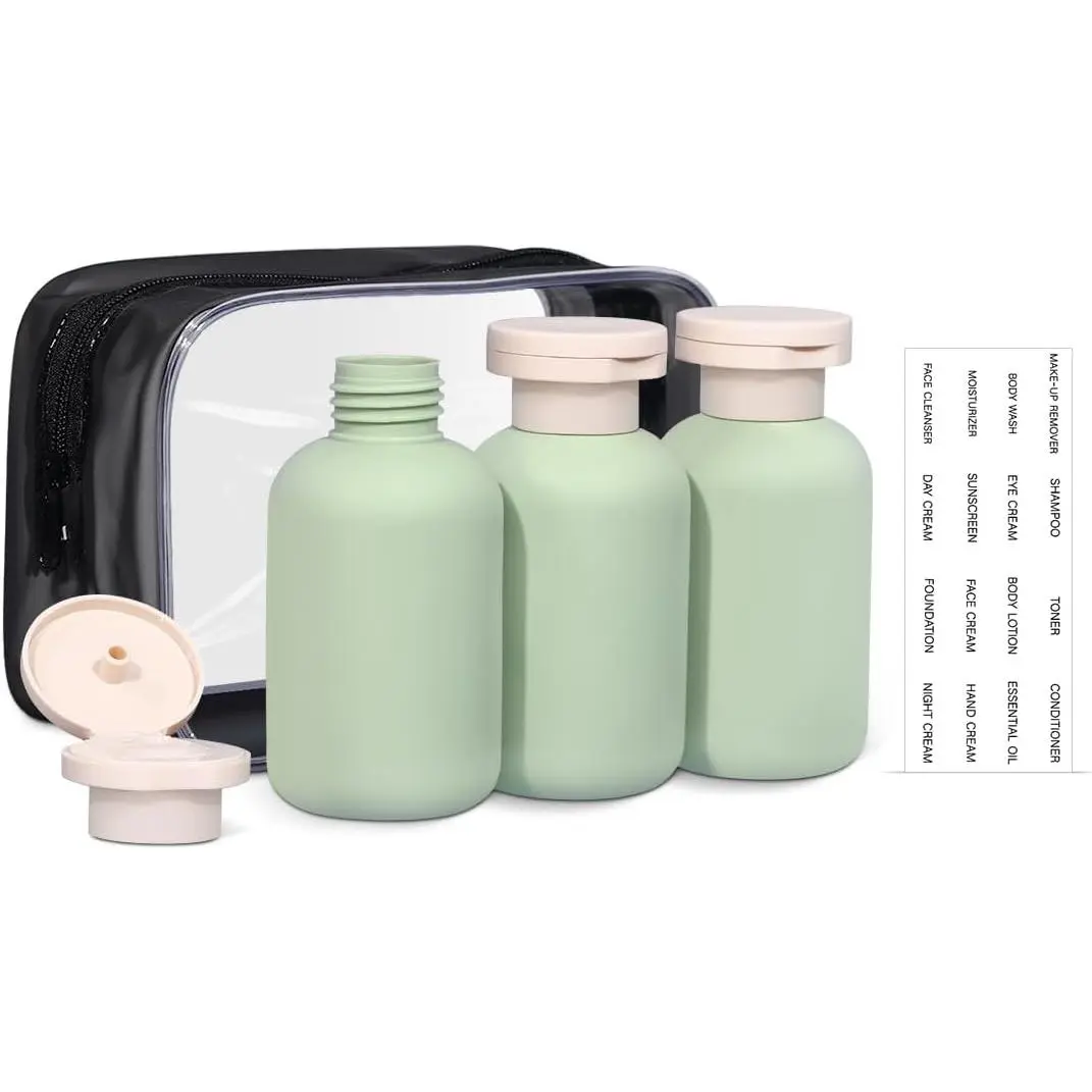 3.4oz 3 count Green Plastic Refillable Travel Shampoo and Conditioner Bottles Plastic Refillable Travel Shampoo Bottles with Flip Cap Shampoo and Conditioner Dispenser