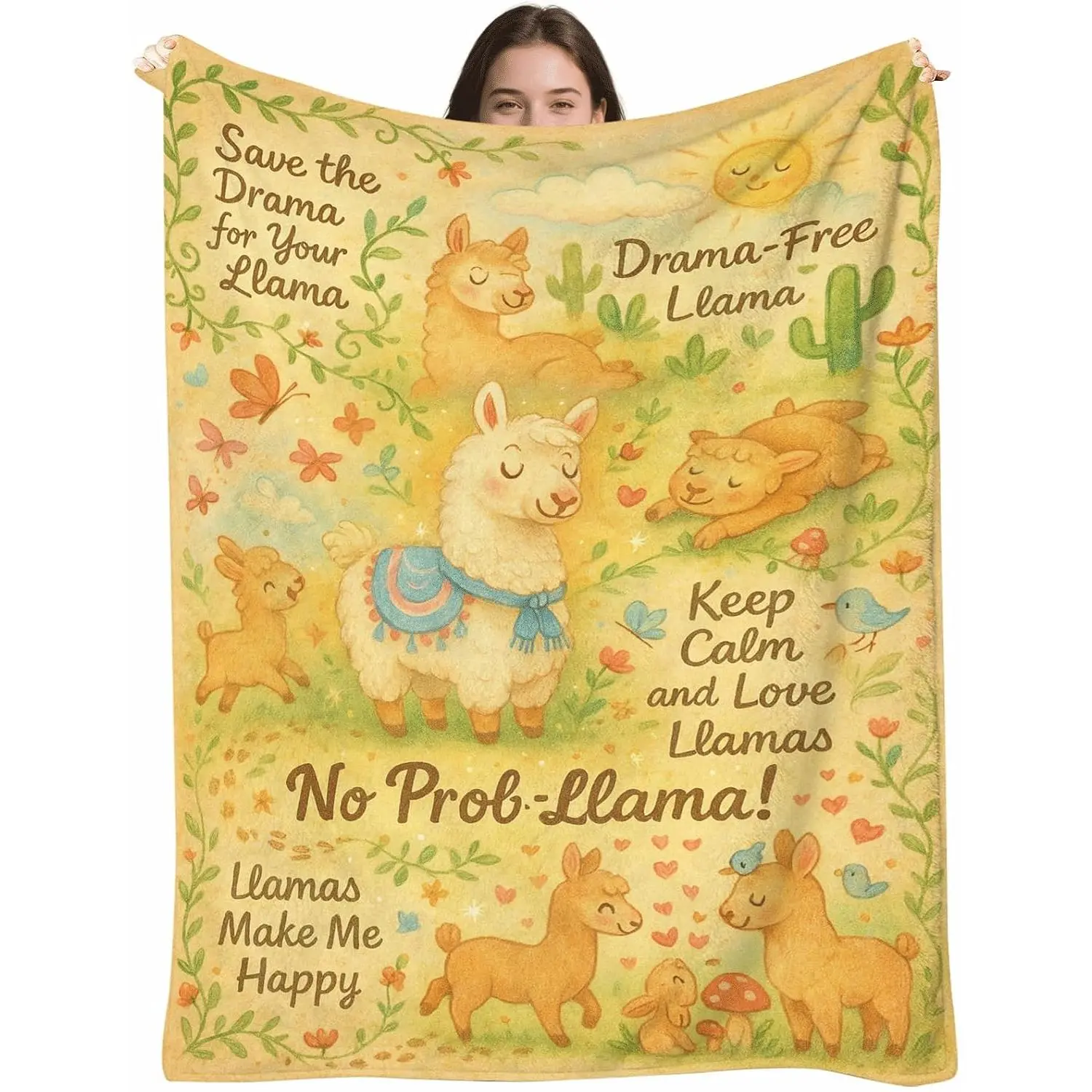 Cartoon Llama Throw Blanket 50x60 – Cozy Flannel Fleece Microfiber, Cactus Print Sofa Bed Throw, Lightweight - Couch Decor,  for Llama Lovers,  Room
