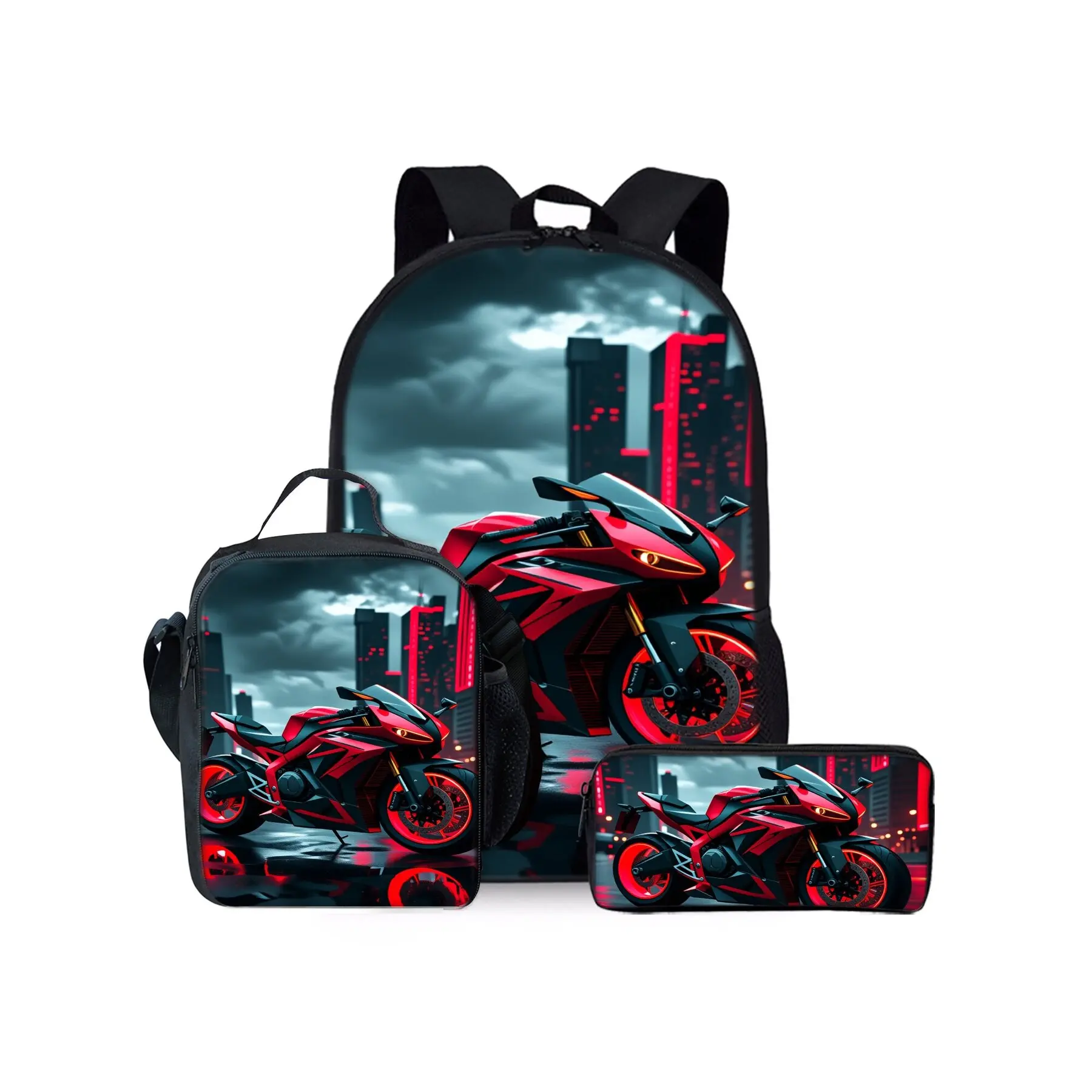 3PCS Red Motorcycle Backpack Set for Students, Sport Bike Print School Bookbag with Lunch Bag and Pencil Case, Cool Racing Backpack for Boys Girls Teens, Large Travel Backpack for School Daily Use