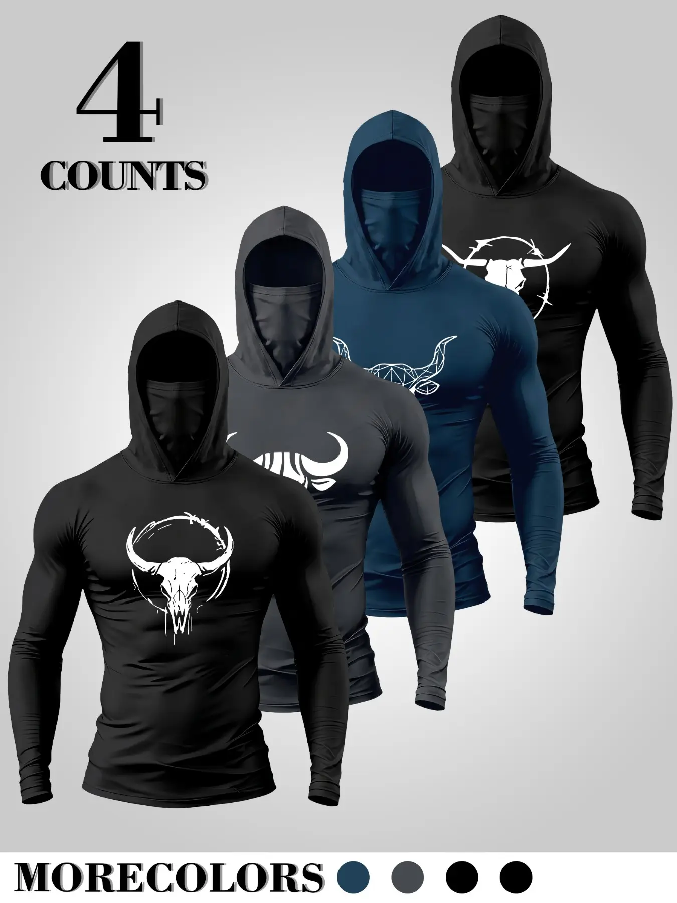 4-piece western skull totem printed hooded tight-fitting activewear long-sleeved sport set, high elasticity quick-drying motorcycle hunting fitness shaping underwear