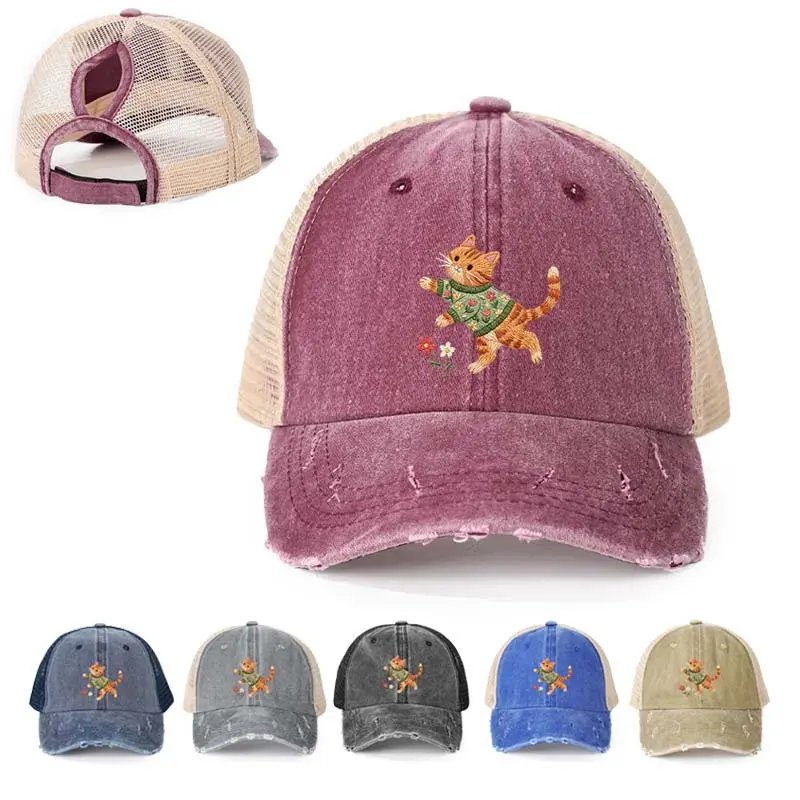 Unisex Messy Bun Denim Baseball Cap - Distressed Washed, Coquette Cat Graphic, Adjustable Ponytail Trucker Hat for Outdoor Sports