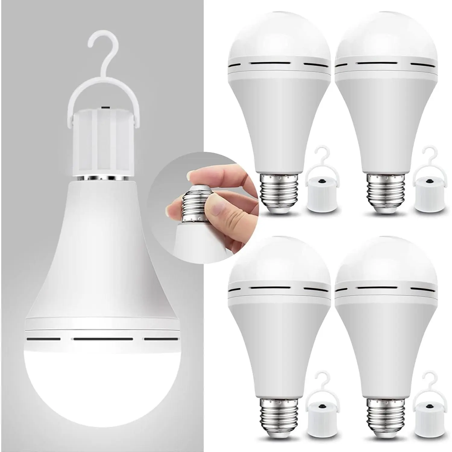 4 Pack Emergency-Rechargeable-Light-Bulb, Stay Lights Up When Power Failure, 1500mAh 15W 80W Equivalent LED Light Bulbs Home, Camping, Tent (E27, with Hook) (Daylight)