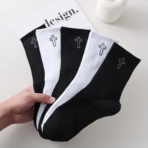 Men Women Cross Pattern Mid Calf Socks, Thin Breathable Couple Crew Socks, Minimalist All-Match Long Socks for Spring Autumn Daily Street Wear