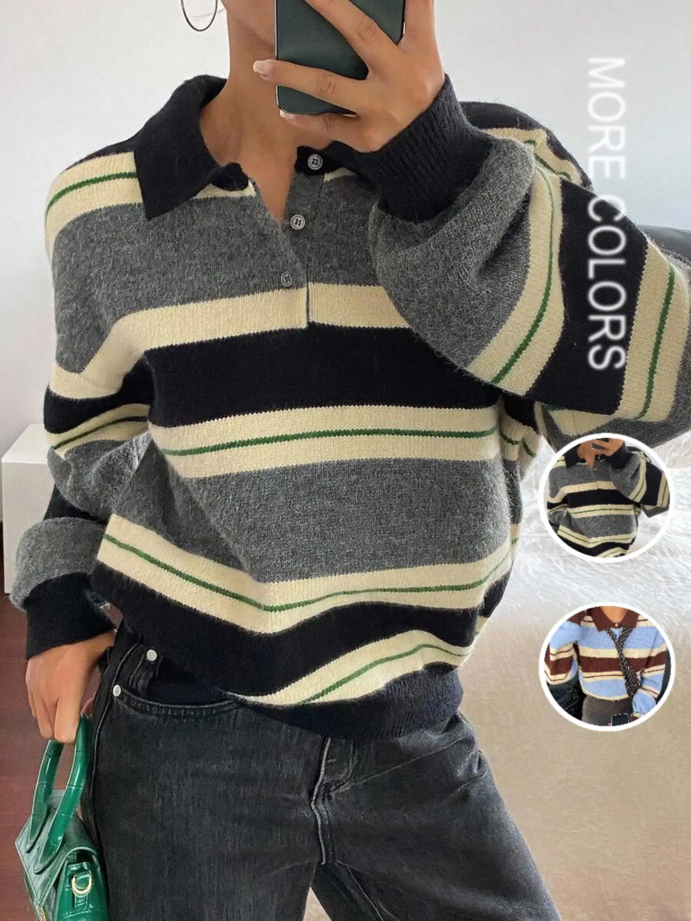 Autumn Winter New Soft Polo Collar Retro Sweater Women, Colorblock Stripes, Elegant Knit Top, Comfortable Fashionable Casual Wear