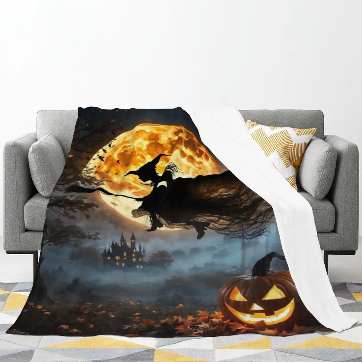 Unisex Halloween Fleece Knee Throw comfy Blanket, camping blanket，150x200cm Cozy Wear, Warm Soft Lightweight Winter Wearable Blanket with Pumpkin Ghost Witch Decor, Bed Sofa Cover for Halloween Party Room Decor (sohochic)